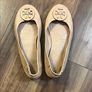 Tory Burch Tan Leather Ballet Flats with Logo